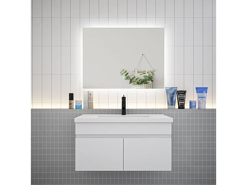 Ensemble meuble vasque L.80cm lavabo + LED miroir 80cm,blanc