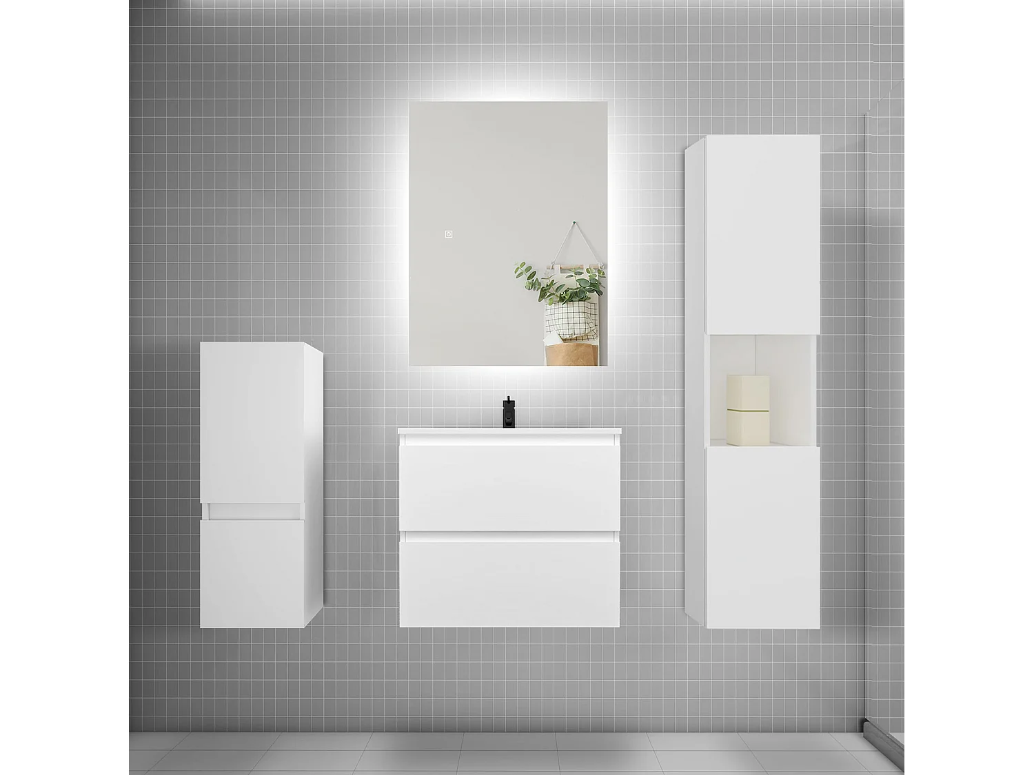 Ensemble meuble vasque L.60cm 2 tiroirs + lavabo + colonne + miroir,blanc
