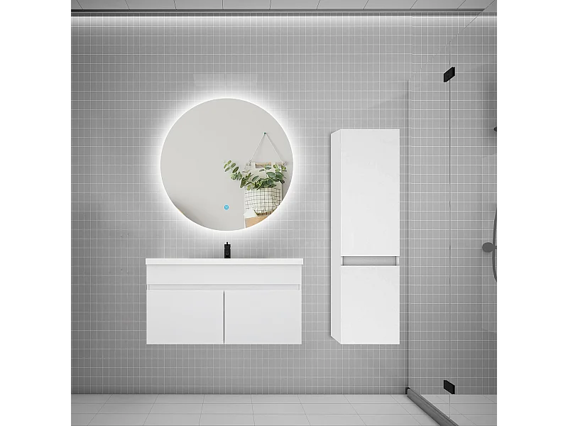 Ensemble meuble simple vasque 80cm lavabo + colonne + miroir rond,blanc