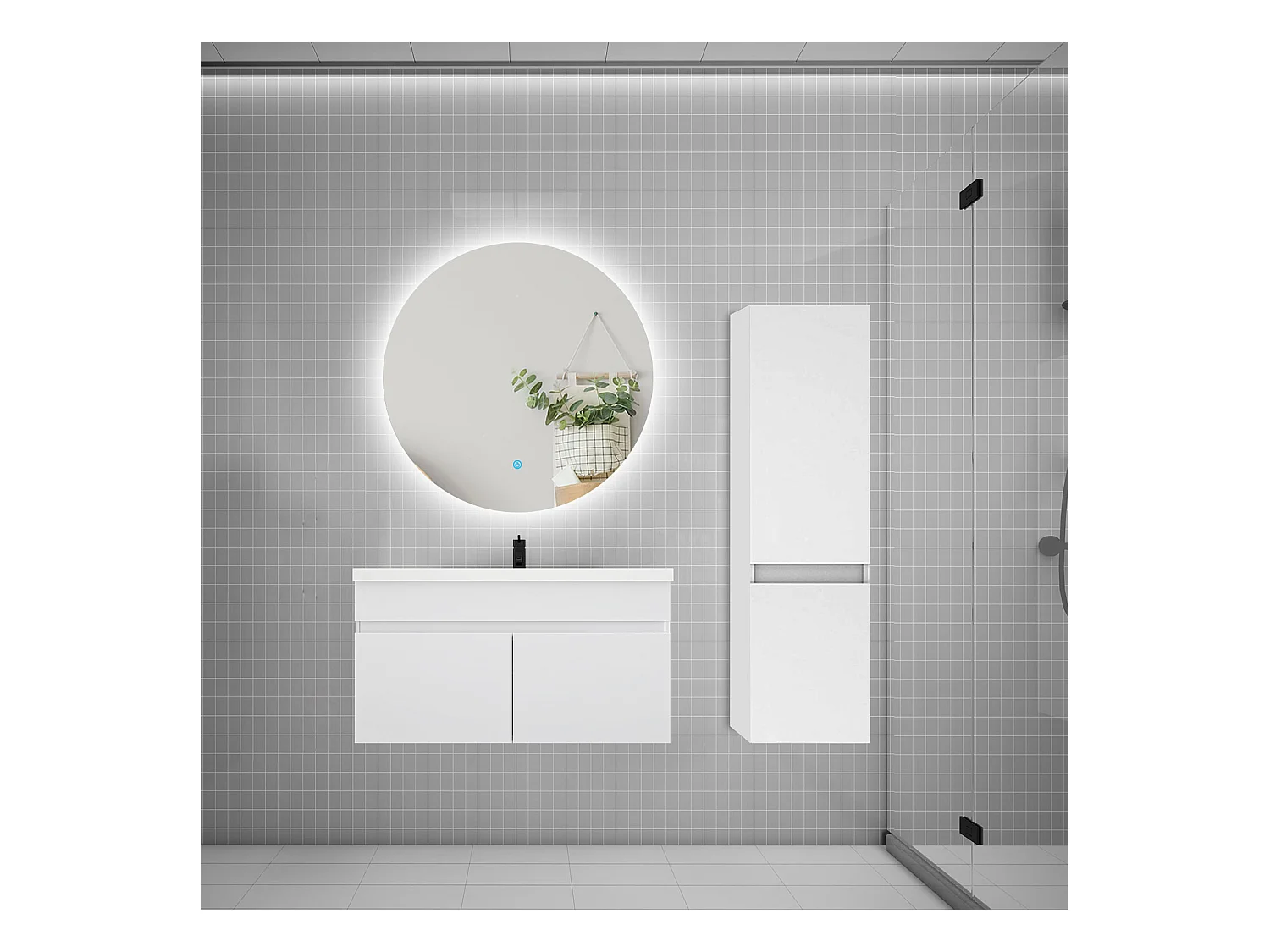 Ensemble meuble simple vasque 80cm lavabo + colonne + miroir rond,blanc