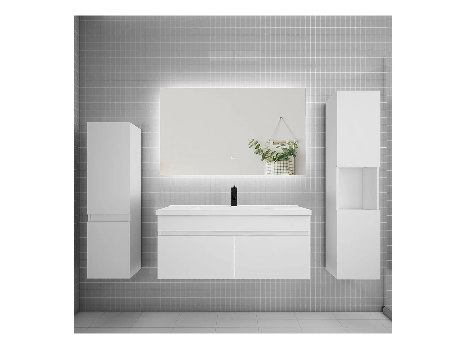 Ensemble meuble vasque L.100cm lavabo + colonne + miroir mural 100cm,blanc