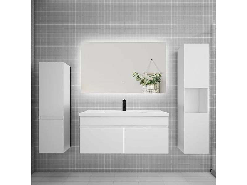 Ensemble meuble vasque L.100cm lavabo + colonne + miroir mural 100cm,blanc