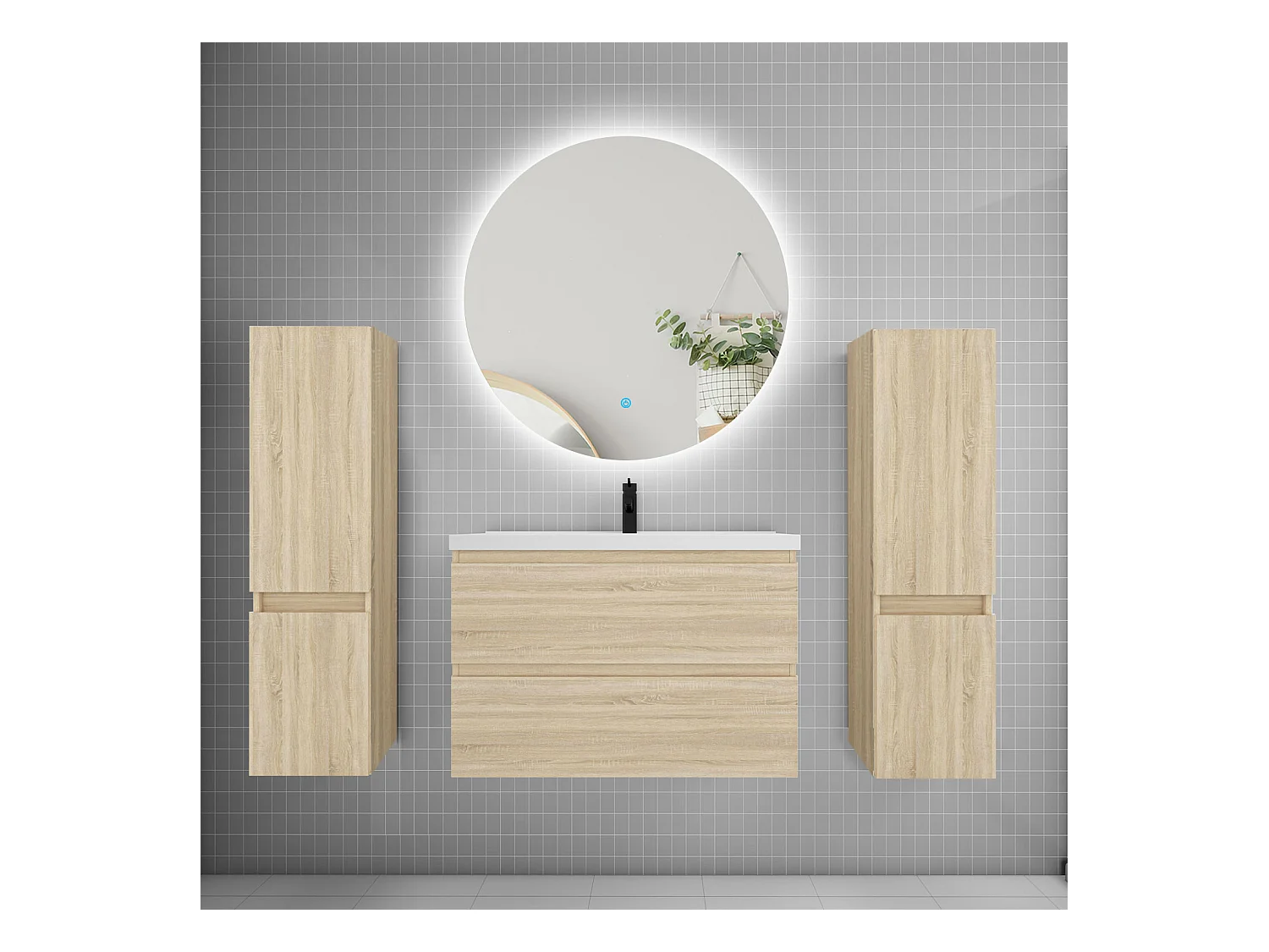 Ensemble meuble vasque L.80cm 2 tiroirs + lavabo + colonne + miroir rond 80cm,chêne