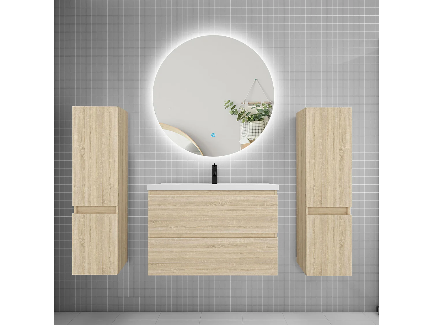 Ensemble meuble vasque L.80cm 2 tiroirs + lavabo + colonne + miroir rond 80cm,chêne