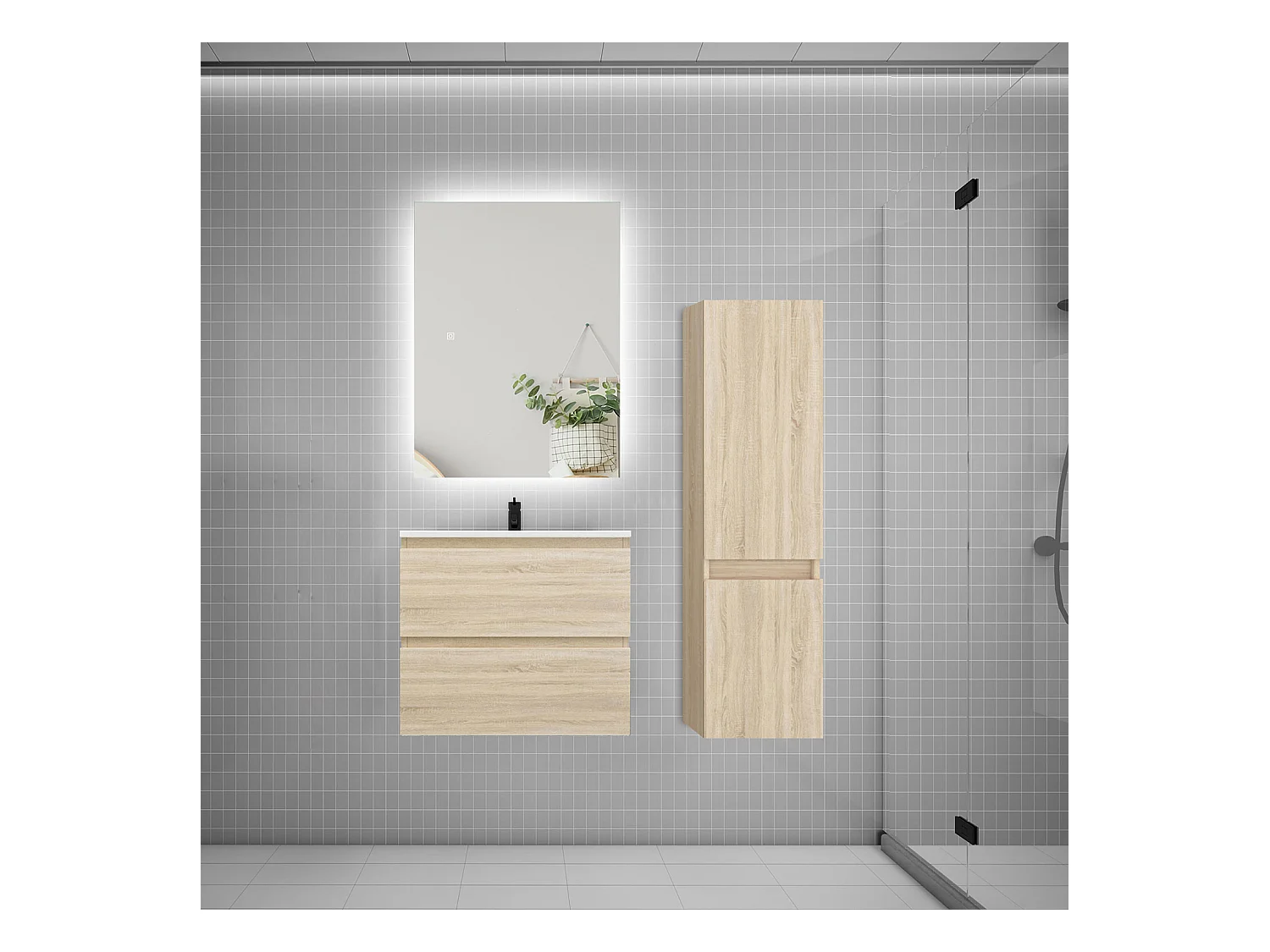 Ensemble meuble simple vasque 60cm 2 tiroirs + lavabo + colonne + miroir,chêne