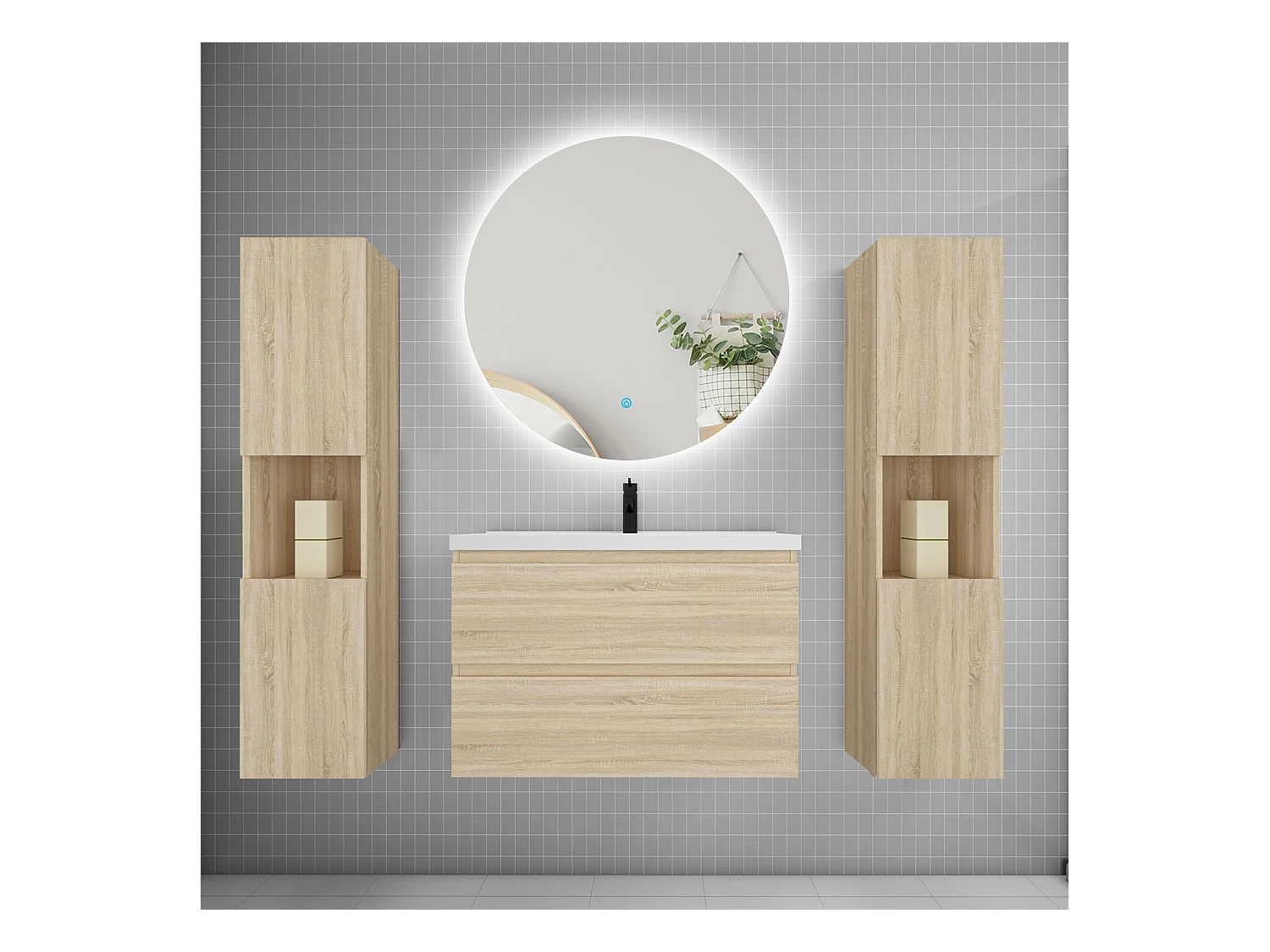 Ensemble meuble vasque L.80cm 2 tiroirs + lavabo + colonne + LED miroir rond 80cm,chêne