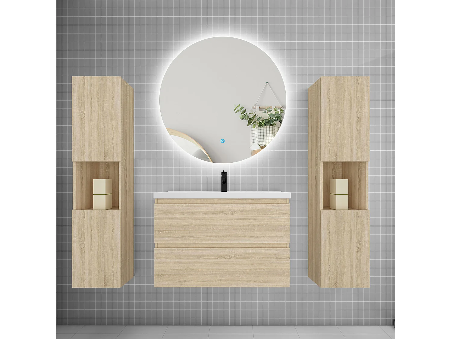 Ensemble meuble vasque L.80cm 2 tiroirs + lavabo + colonne + LED miroir rond 80cm,chêne