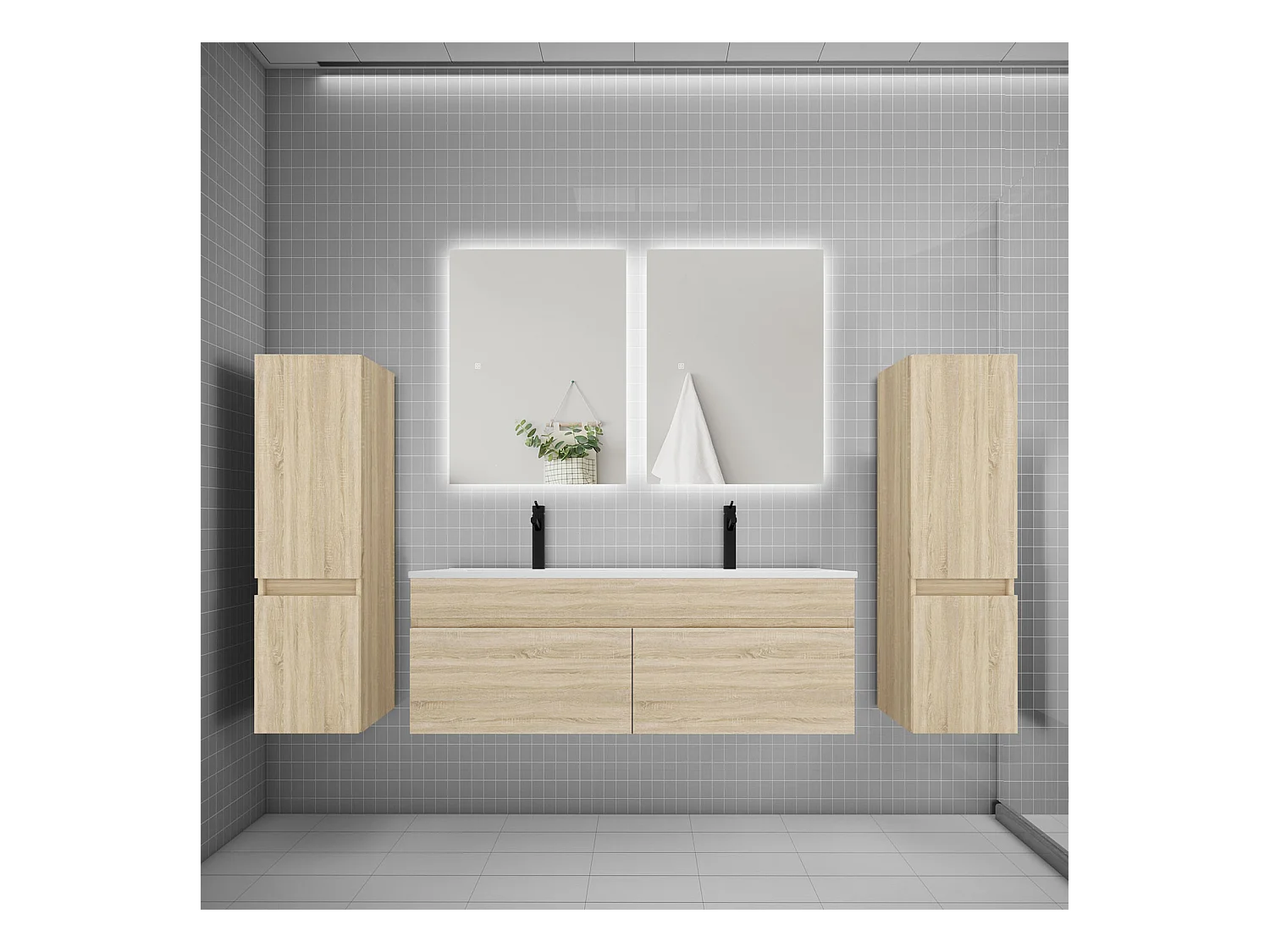 Ensemble meuble vasque L.120cm lavabo + colonne + miroir 60cm,chêne