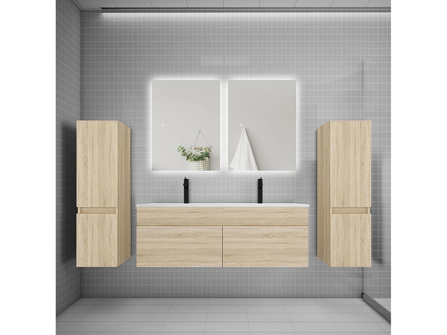 Ensemble meuble vasque L.120cm lavabo + colonne + miroir 60cm,chêne