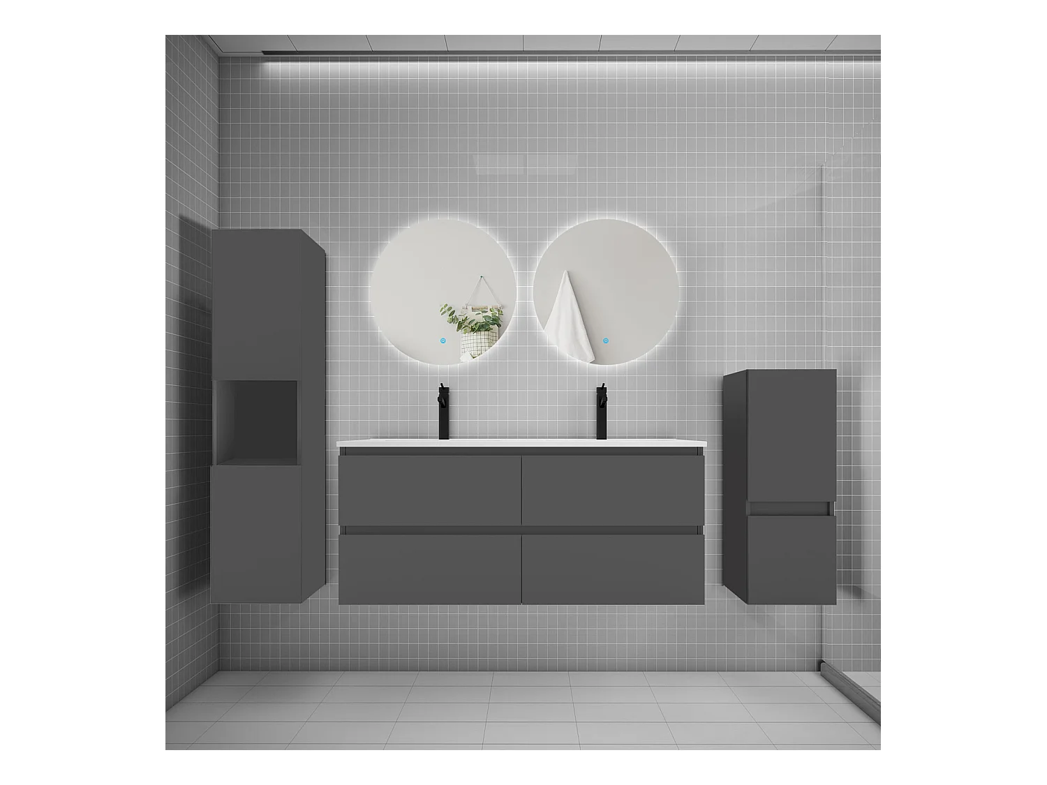 Ensemble meuble vasque L.120cm 2 tiroirs + lavabo + colonne + miroir rond,anthracite