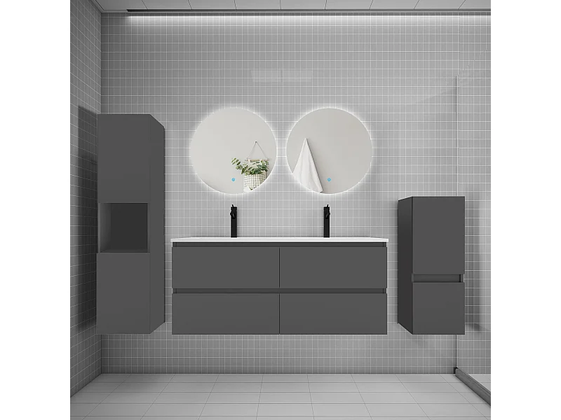 Ensemble meuble vasque L.120cm 2 tiroirs + lavabo + colonne + miroir rond,anthracite