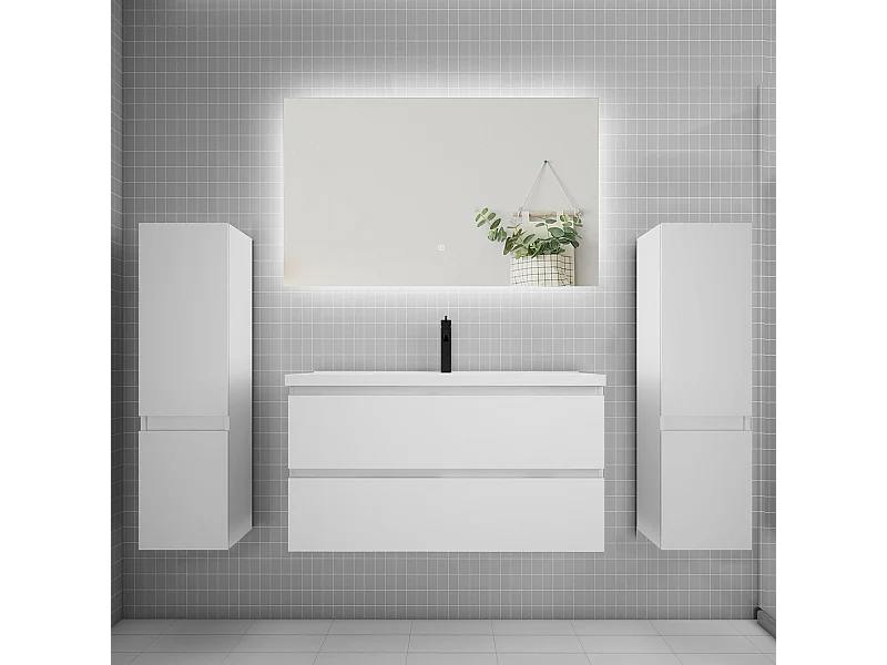 Ensemble meuble vasque L.100cm 2 tiroirs + lavabo + colonne + miroir 100cm,blanc