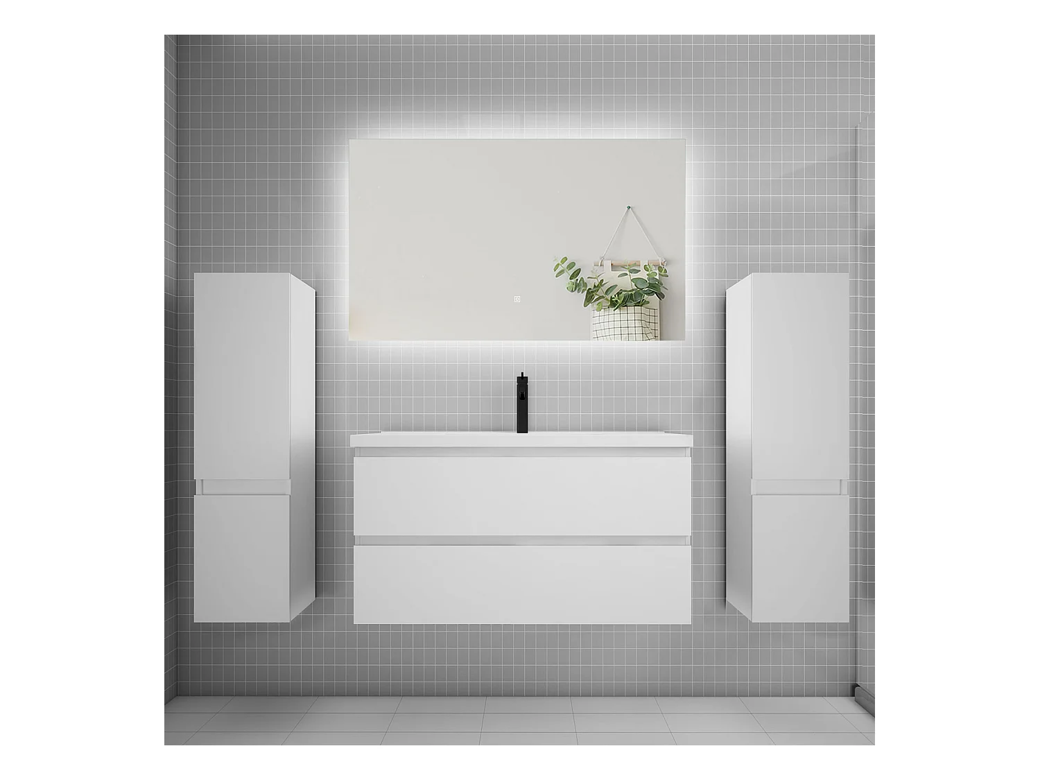 Ensemble meuble vasque L.100cm 2 tiroirs + lavabo + colonne + miroir 100cm,blanc