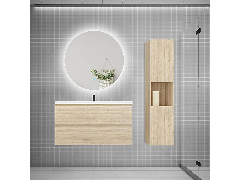 Ensemble meuble vasque 100cm 2 tiroirs + lavabo + colonne + miroir rond,chêne