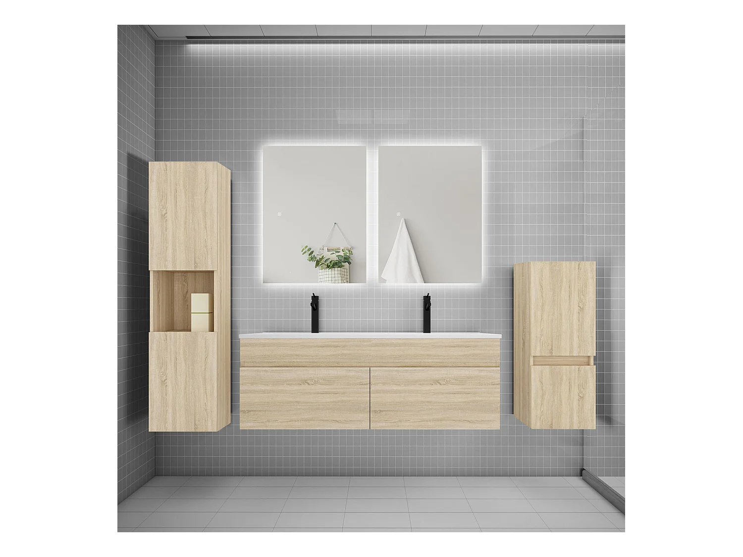 Ensemble meuble vasque L.120cm lavabo + colonne + miroir,chêne