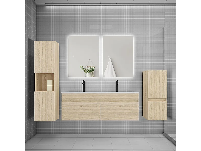 Ensemble meuble vasque L.120cm lavabo + colonne + miroir,chêne