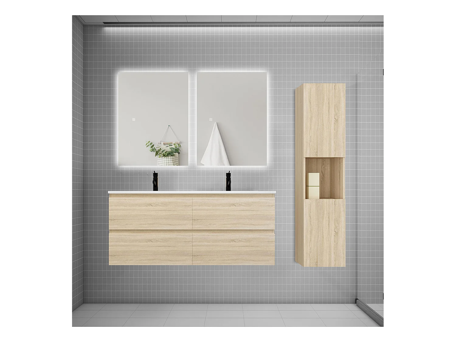Ensemble meuble vasque 120cm 2 tiroirs + lavabo + colonne + miroir,chêne
