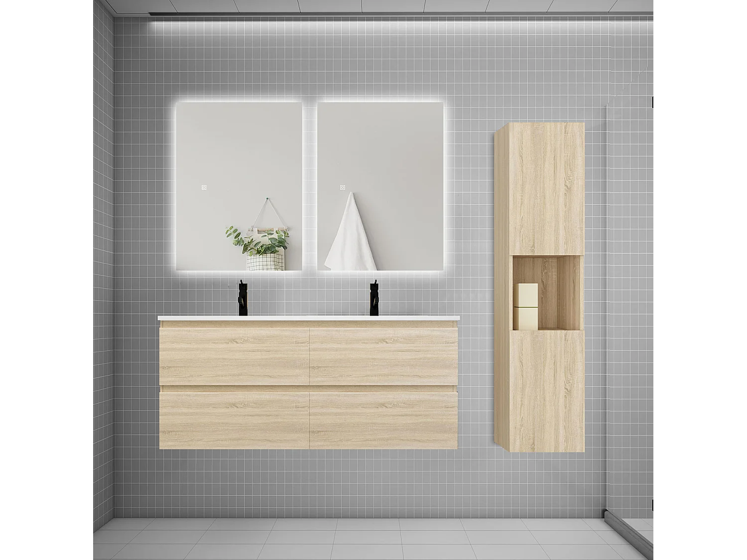 Ensemble meuble vasque 120cm 2 tiroirs + lavabo + colonne + miroir,chêne