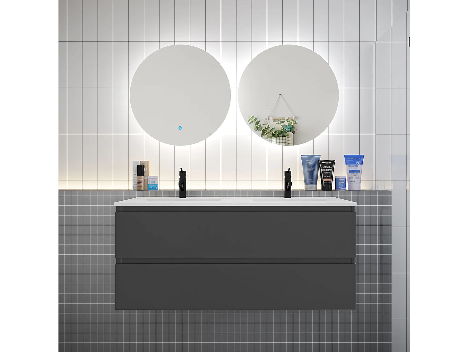 Ensemble meuble vasque L.120cm 2 tiroirs + lavabo + LED miroir rond 60cm,anthracite