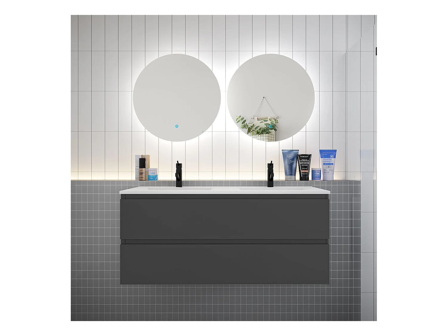 Ensemble meuble vasque L.120cm 2 tiroirs + lavabo + LED miroir rond 60cm,anthracite