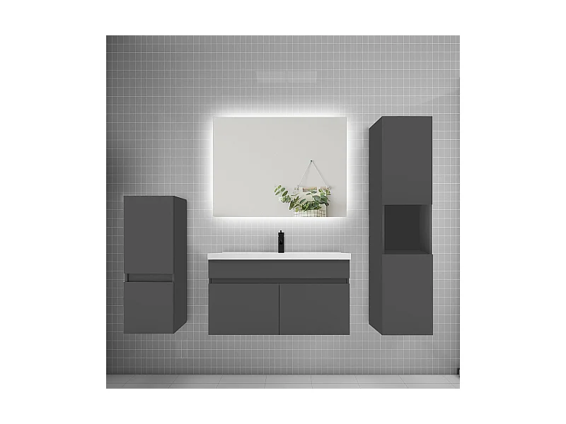 Ensemble meuble vasque L.80cm lavabo + colonne + miroir,anthracite