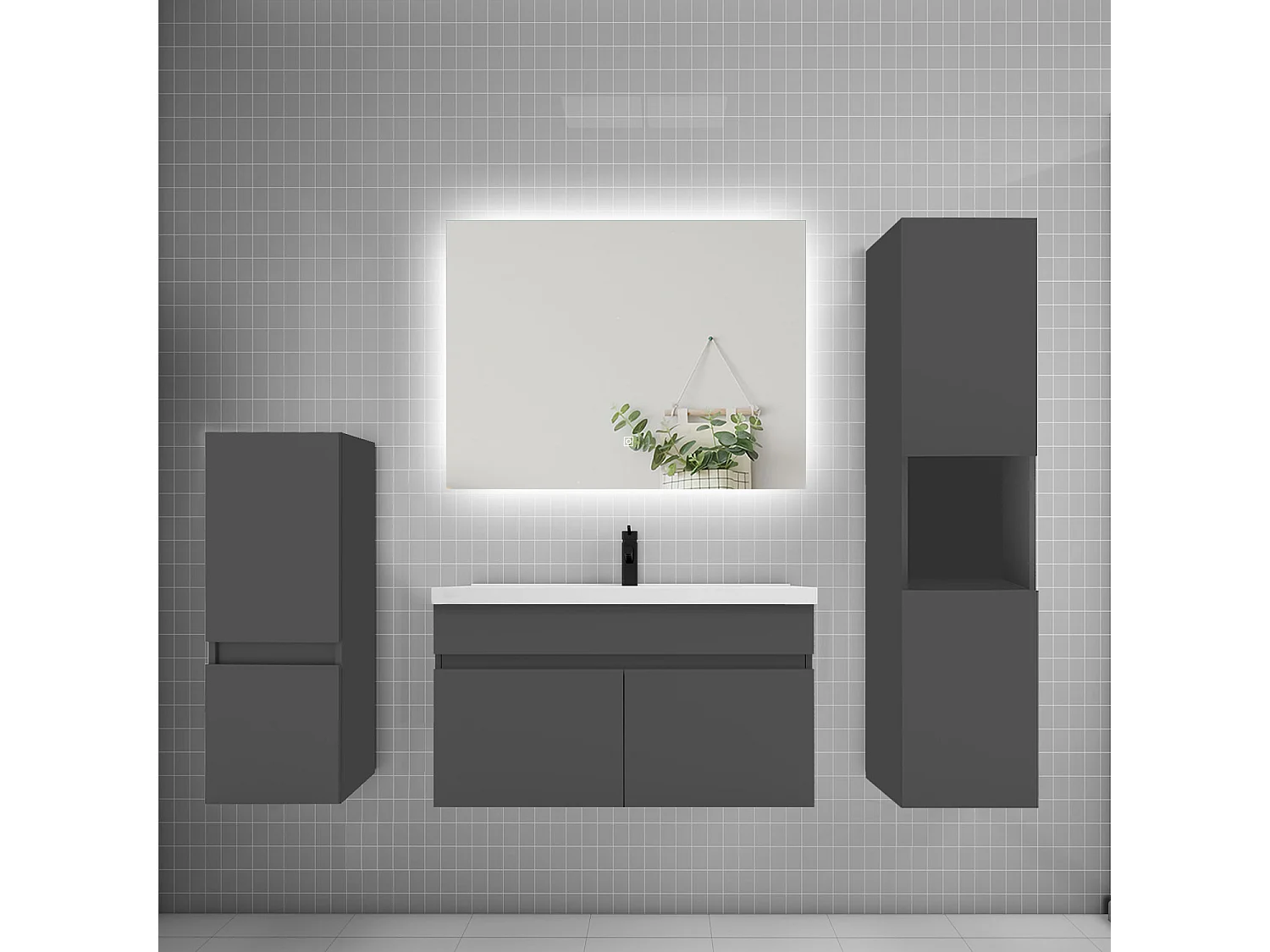 Ensemble meuble vasque L.80cm lavabo + colonne + miroir,anthracite