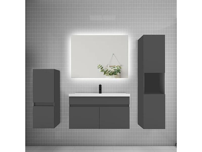 Ensemble meuble vasque L.80cm lavabo + colonne + miroir,anthracite
