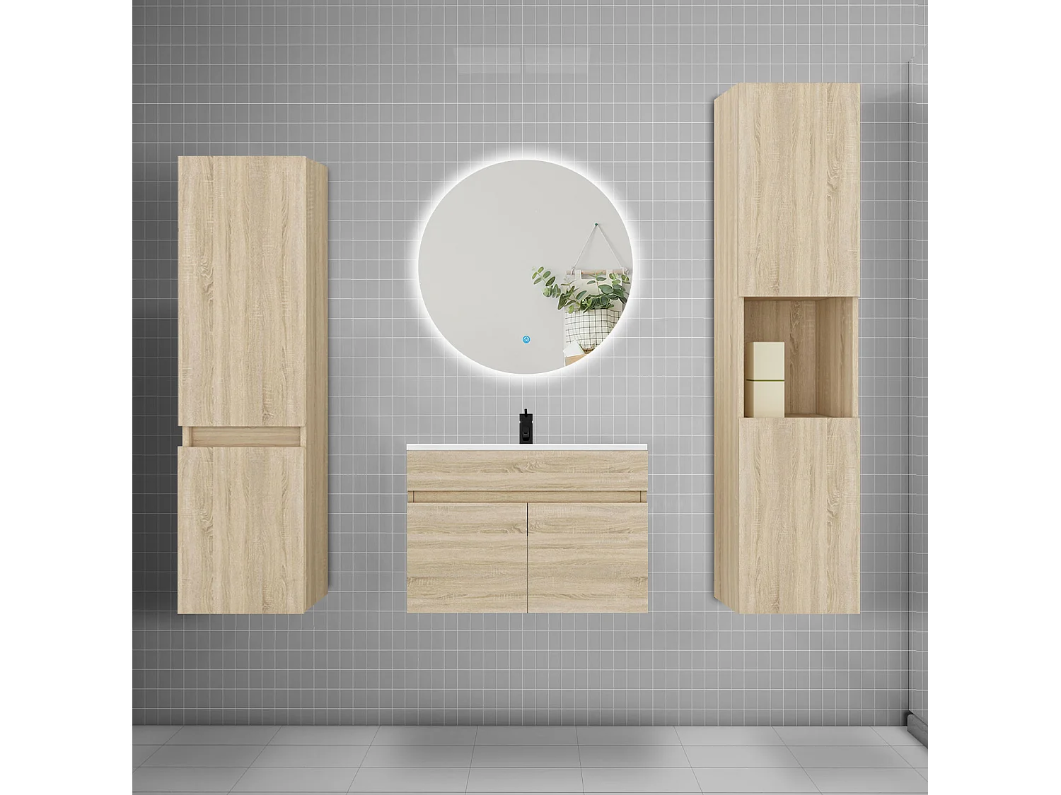 Ensemble meuble vasque L.60cm lavabo + colonne + miroir rond mural 60cm,chêne