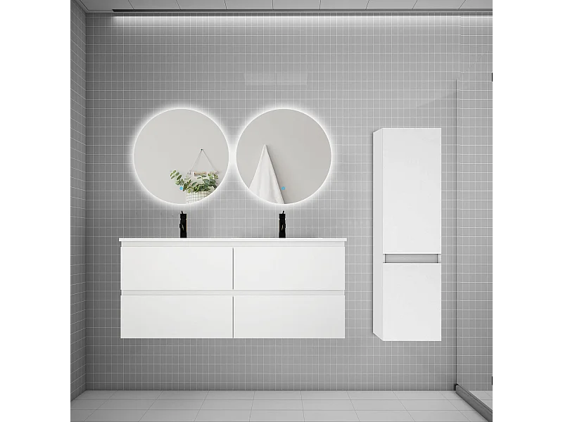 Ensemble meuble double vasque 120cm 2 tiroirs + lavabo + colonne + miroir rond,blanc