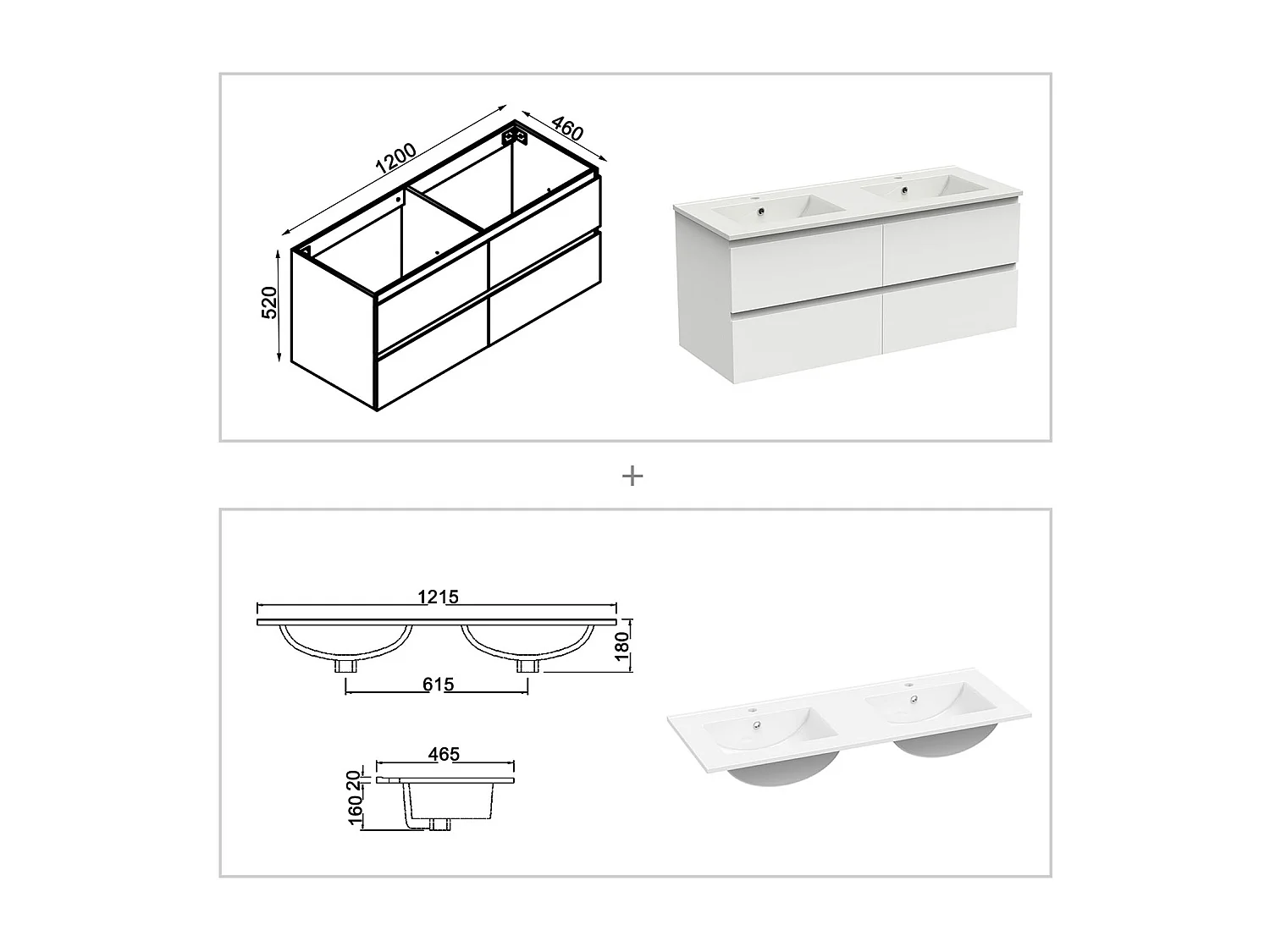 Ensemble meuble double vasque 120cm 2 tiroirs + lavabo + colonne + miroir rond,blanc