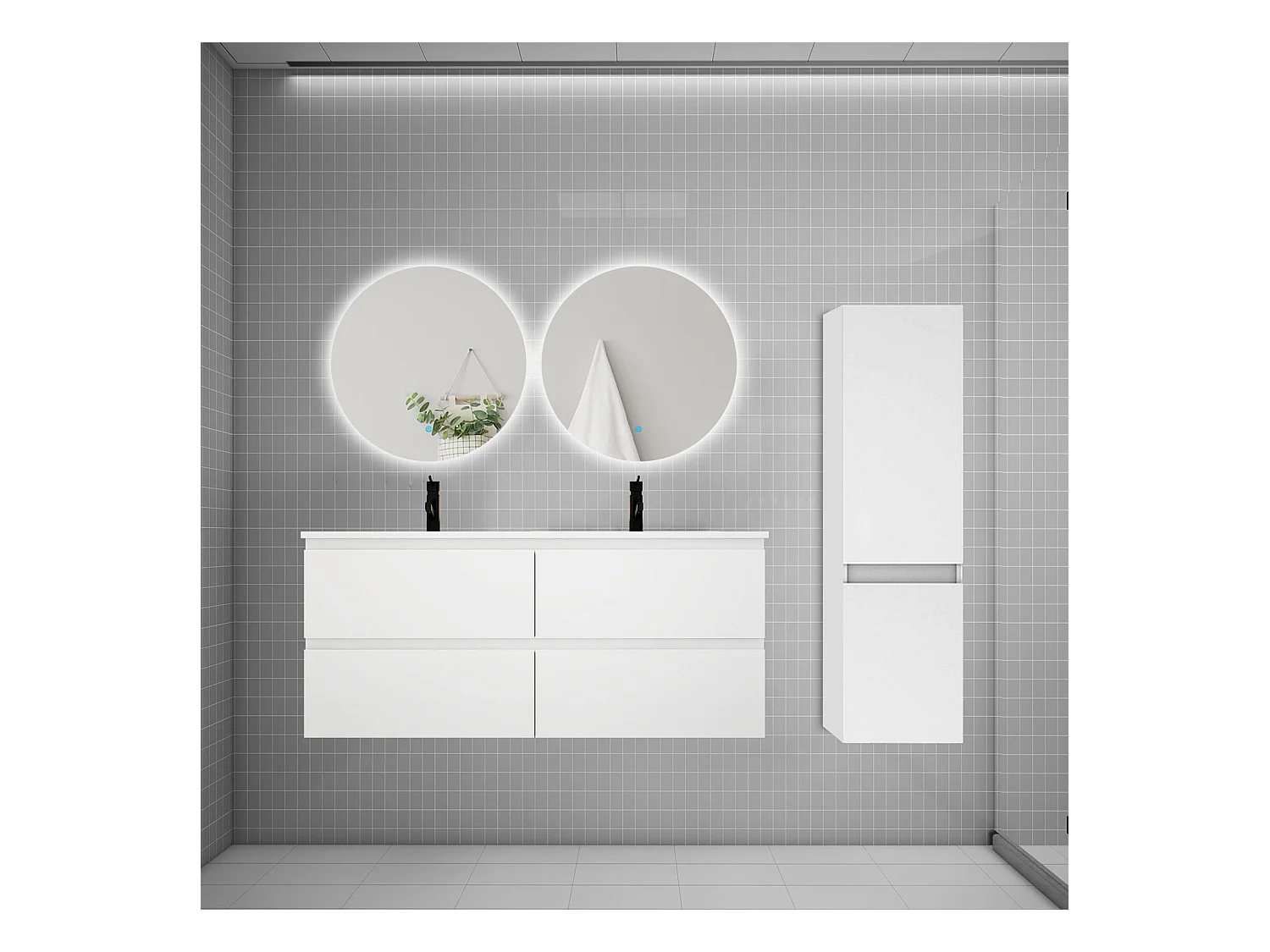 Ensemble meuble double vasque 120cm 2 tiroirs + lavabo + colonne + miroir rond,blanc