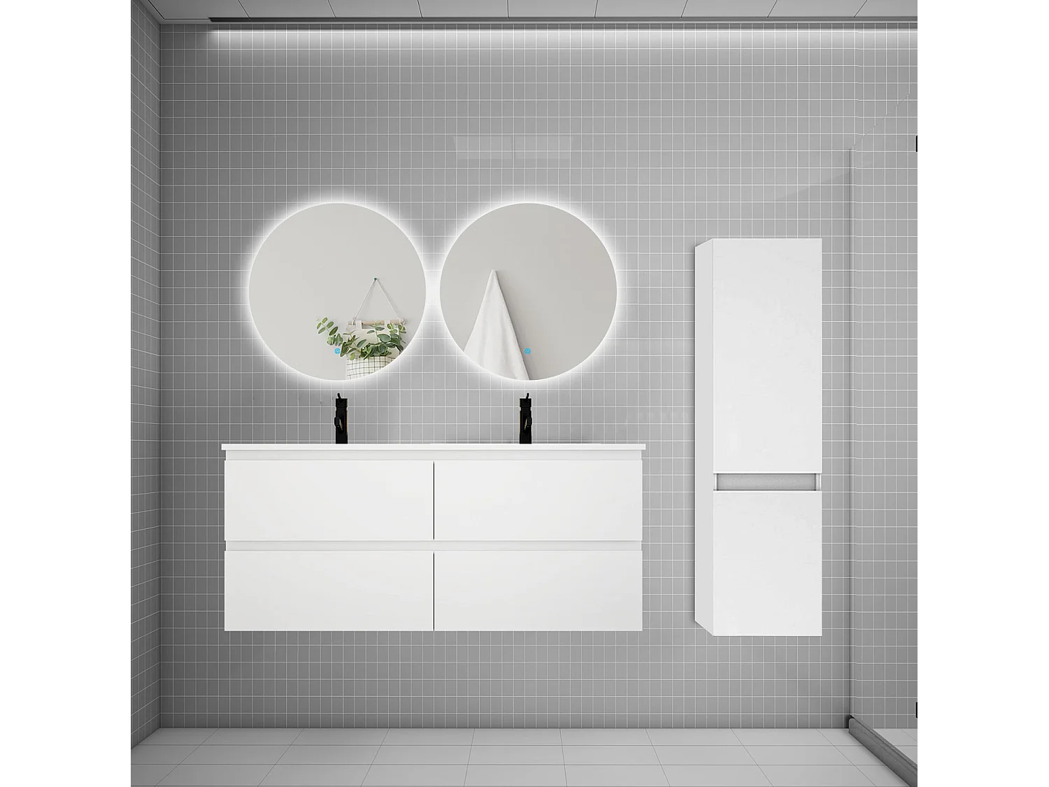 Ensemble meuble double vasque 120cm 2 tiroirs + lavabo + colonne + miroir rond,blanc