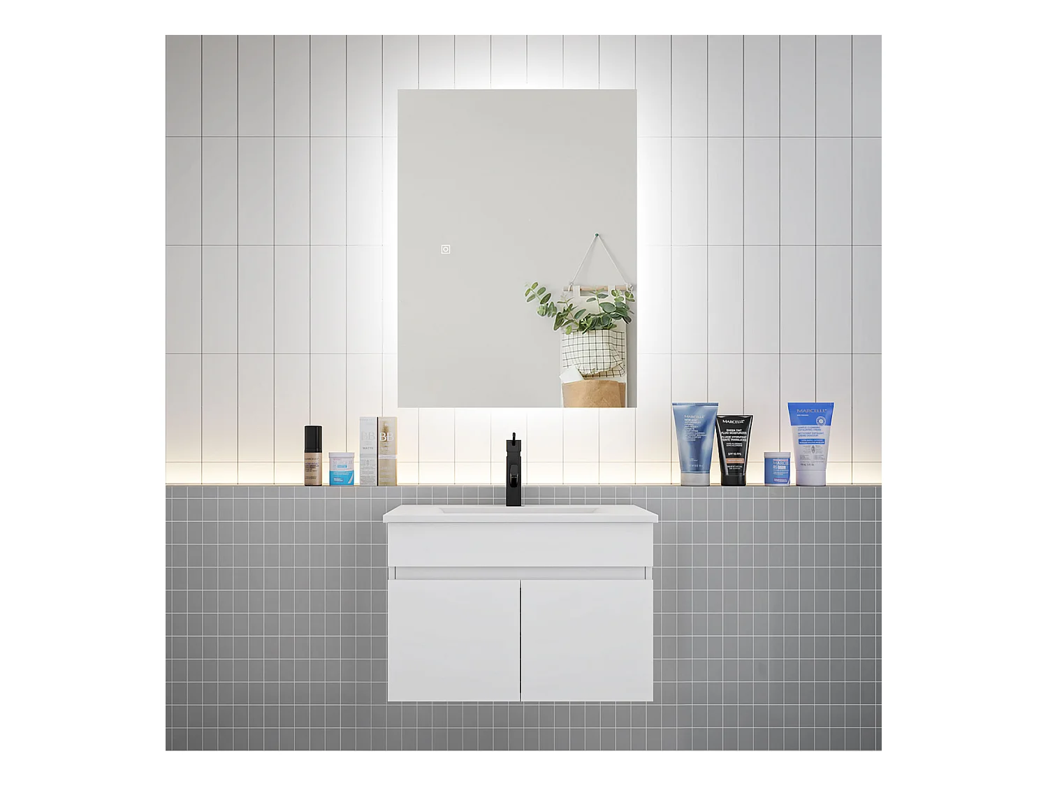 Ensemble meuble vasque L.60cm lavabo + LED miroir 60cm,blanc