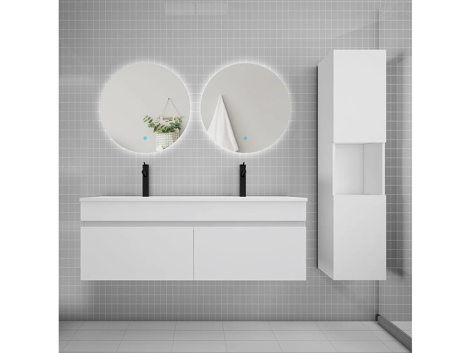 Ensemble meuble vasque 120cm lavabo + colonne + miroir rond,blanc