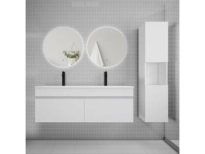 Ensemble meuble vasque 120cm lavabo + colonne + miroir rond,blanc