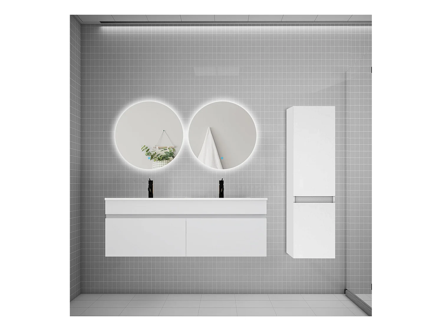 Ensemble meuble double vasque 120cm lavabo + colonne + miroir rond,blanc