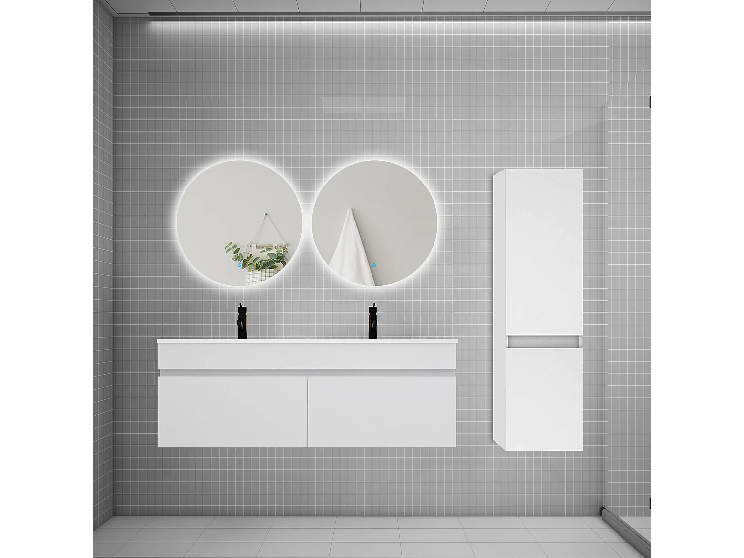 Ensemble meuble double vasque 120cm lavabo + colonne + miroir rond,blanc