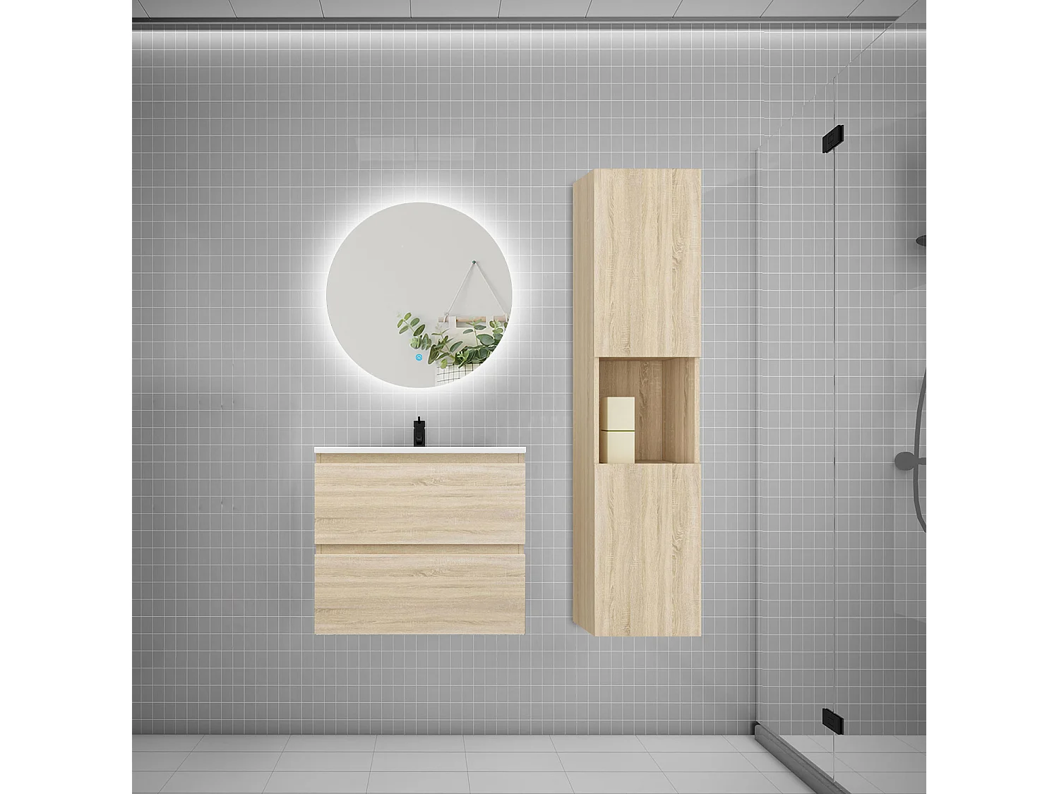 Ensemble meuble vasque 60cm 2 tiroirs + lavabo + colonne + miroir rond,chêne