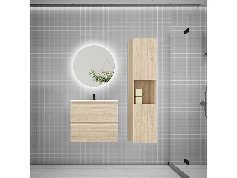 Ensemble meuble vasque 60cm 2 tiroirs + lavabo + colonne + miroir rond,chêne