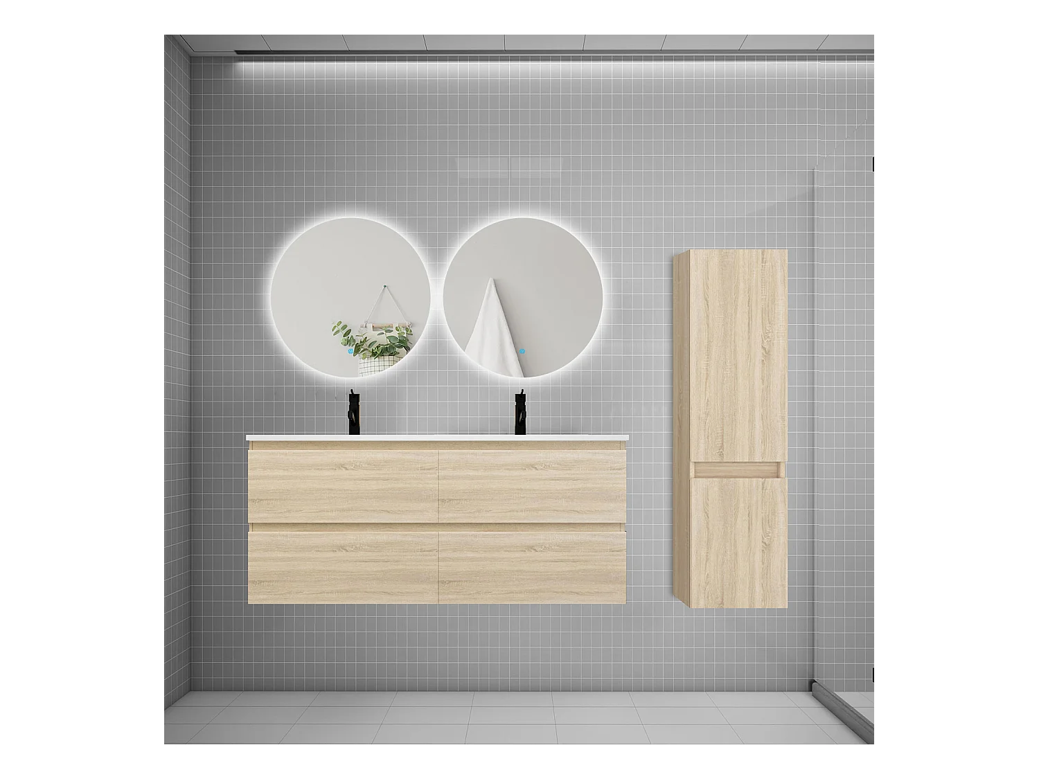 Ensemble meuble double vasque 120cm 2 tiroirs + lavabo + colonne + miroir rond,chêne