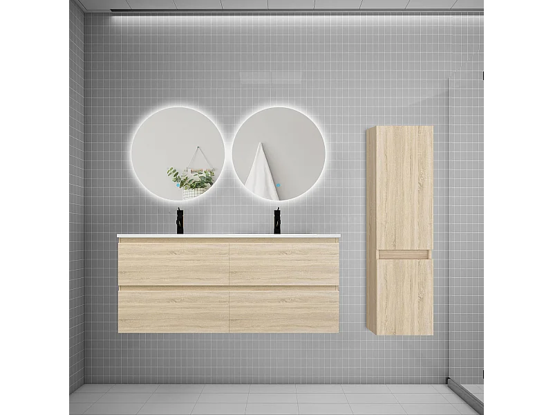 Ensemble meuble double vasque 120cm 2 tiroirs + lavabo + colonne + miroir rond,chêne