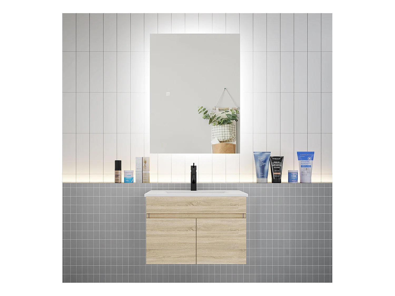 Ensemble meuble vasque L.60cm lavabo + LED miroir 60cm,chêne