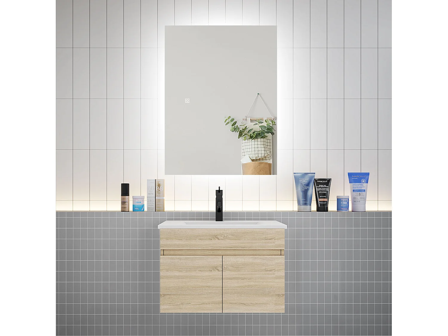 Ensemble meuble vasque L.60cm lavabo + LED miroir 60cm,chêne