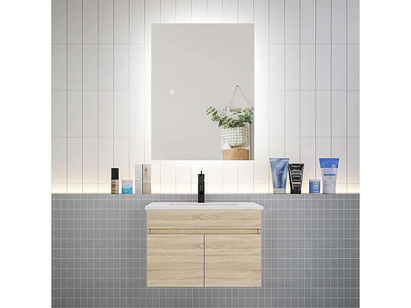 Ensemble meuble vasque L.60cm lavabo + LED miroir 60cm,chêne