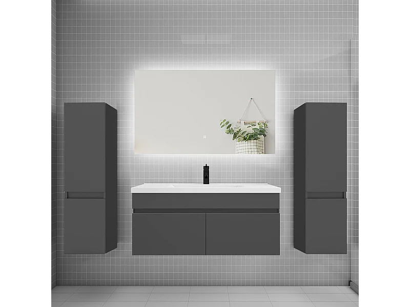 Ensemble meuble vasque L.100cm lavabo + colonne + miroir 100cm,anthracite