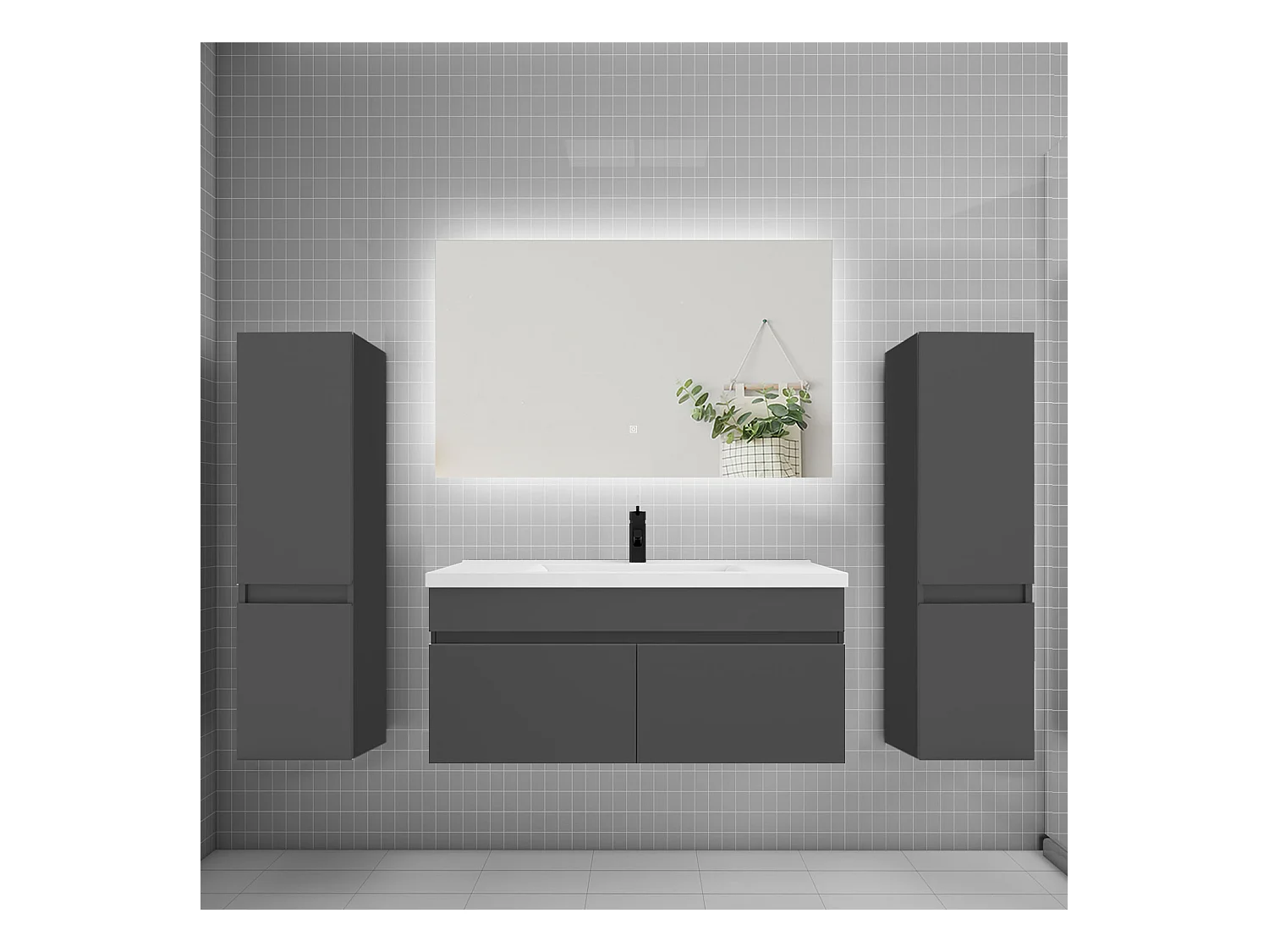 Ensemble meuble vasque L.100cm lavabo + colonne + miroir 100cm,anthracite