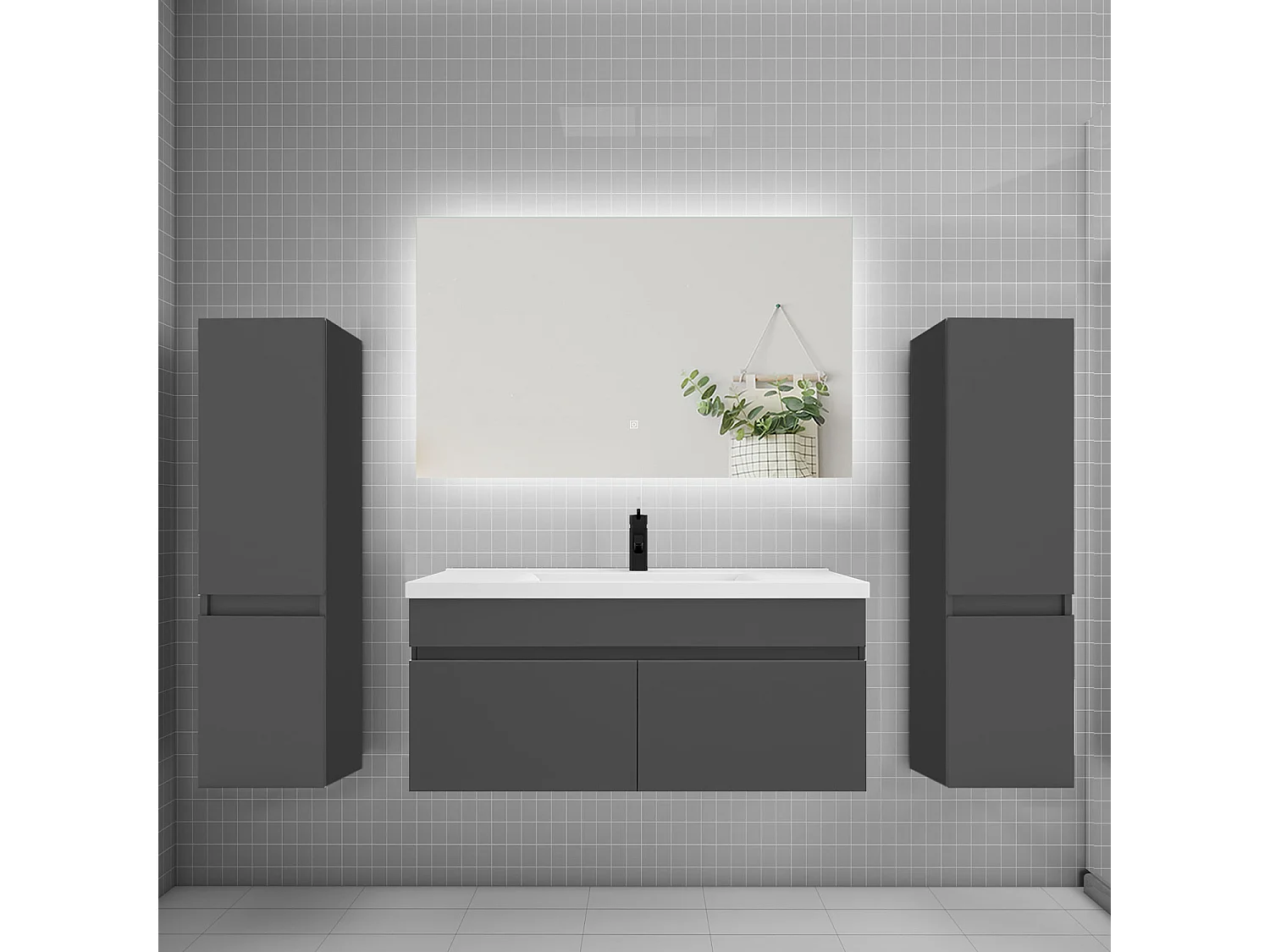 Ensemble meuble vasque L.100cm lavabo + colonne + miroir 100cm,anthracite