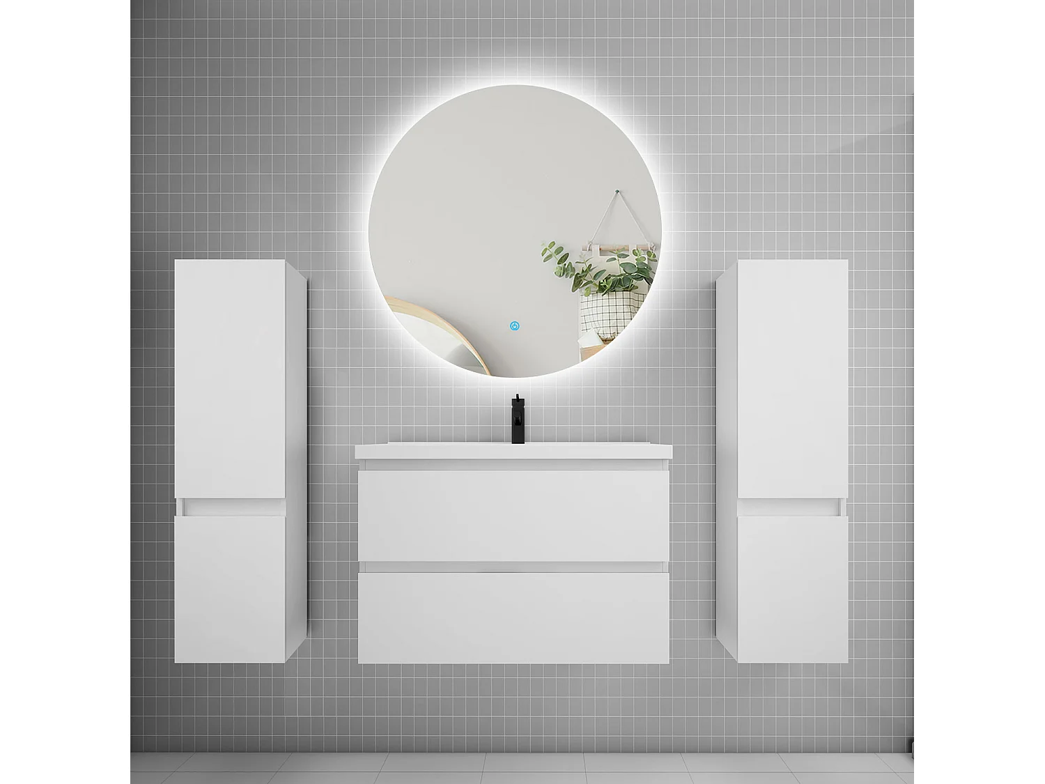 Ensemble meuble vasque L.80cm 2 tiroirs + lavabo + colonne + miroir rond 80cm,blanc