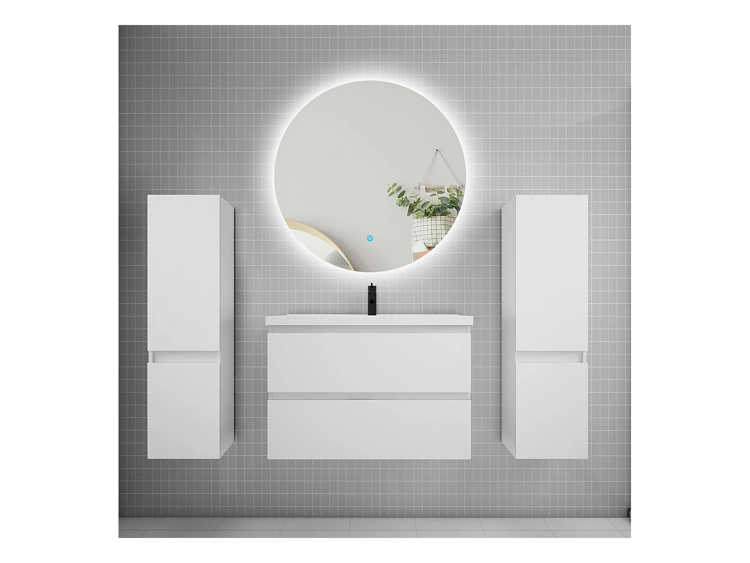 Ensemble meuble vasque L.80cm 2 tiroirs + lavabo + colonne + miroir rond 80cm,blanc