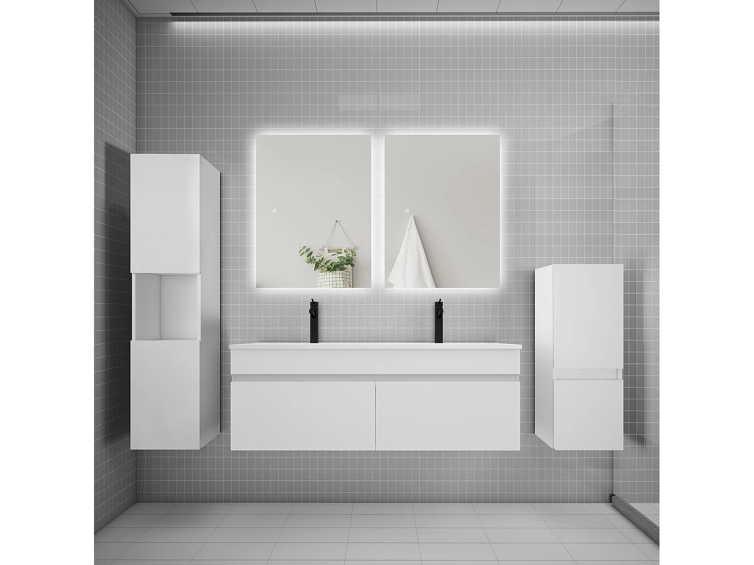 Ensemble meuble vasque L.120cm lavabo + colonne + miroir,blanc